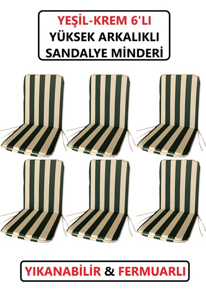 Sandalye Minderi Büyük Arkalıklı Yıkanabilir Fermuarlı Lastikli 6'lı 4 cm Sünger Yeşil-Krem