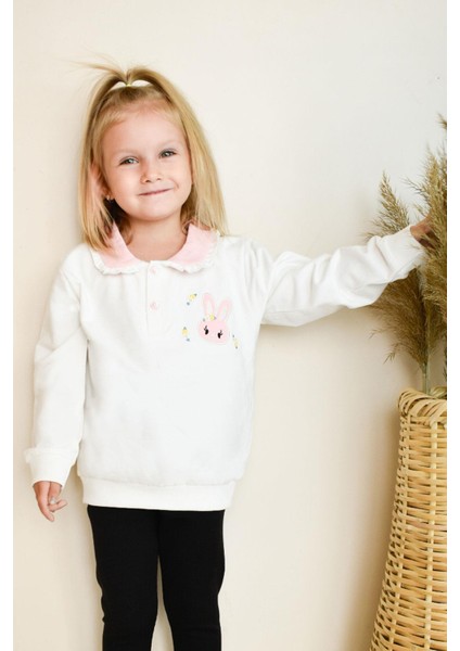Kız Çocuk Sweatshirt Tavşan Nakışlı Düğmeli 2-6 Yaş, Ekru