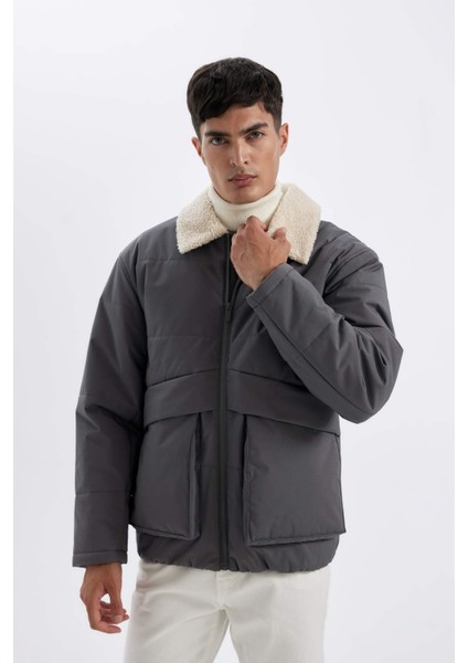 Su İtici Rüzgar Geçirmez Slim Fit Dar Kesim Suni Kürklü Polo Yaka Astarlı Fermuarlı Cepli Mont D1187AX24WN fırsatları