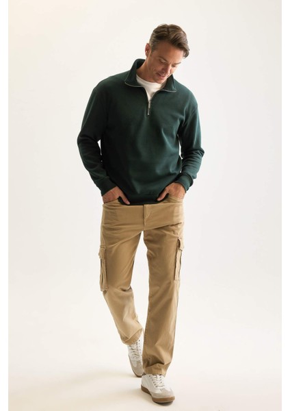 3 İplik Pamuklu Şardonlu İçi Polarlı Comfort Regular Fit Rahat Kalıp Dik Yaka Fermuarlı Kalın Sweatshirt D9067AXNS