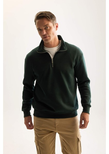 3 İplik Pamuklu Şardonlu İçi Polarlı Comfort Regular Fit Rahat Kalıp Dik Yaka Fermuarlı Kalın Sweatshirt D9067AXNS