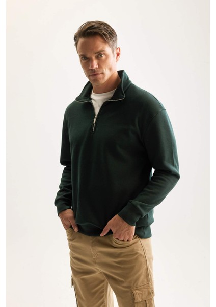 3 İplik Pamuklu Şardonlu İçi Polarlı Comfort Regular Fit Rahat Kalıp Dik Yaka Fermuarlı Kalın Sweatshirt D9067AXNS