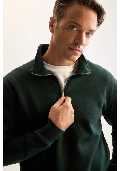 3 İplik Pamuklu Şardonlu İçi Polarlı Comfort Regular Fit Rahat Kalıp Dik Yaka Fermuarlı Kalın Sweatshirt D9067AXNS