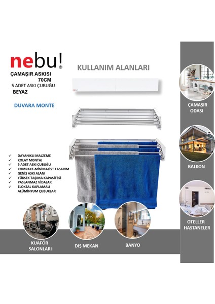NEBU! İç ve Dış Mekan Katlanabilir Duvara Monte Çamaşır Kurutma Askısı (70CM)-BEYAZ