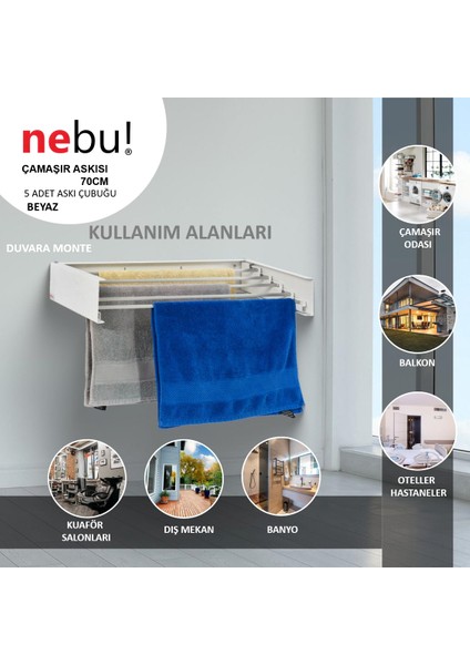 NEBU! İç ve Dış Mekan Katlanabilir Duvara Monte Çamaşır Kurutma Askısı (70CM)-BEYAZ