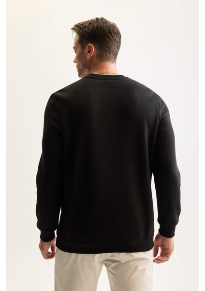 Siyah 3 İplik Pamuklu Şardonlu İçi Polarlı Regular Fit Bisiklet Yaka Kalın Sweatshirt D7876AXNS