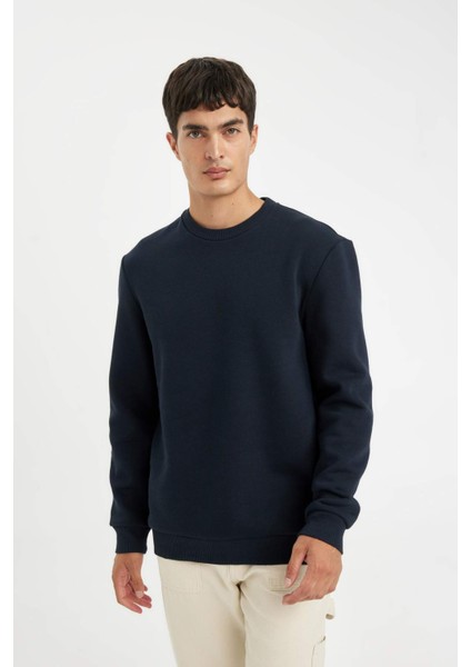 Lacivert 3 İplik Pamuklu Şardonlu İçi Polarlı Regular Fit Bisiklet Yaka Kalın Sweatshirt D7876AXNS