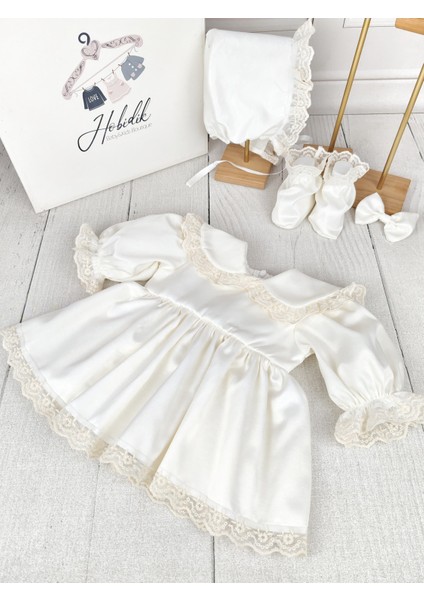 Kız Bebek Mevlüt Doğum Günü Partisi Krem Güpür Dantel Bebe Yaka Saten Elbise Set
