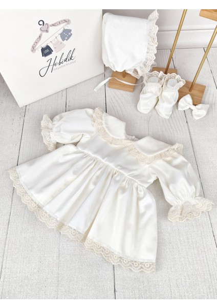 Kız Bebek Mevlüt Doğum Günü Partisi Krem Güpür Dantel Bebe Yaka Saten Elbise Set