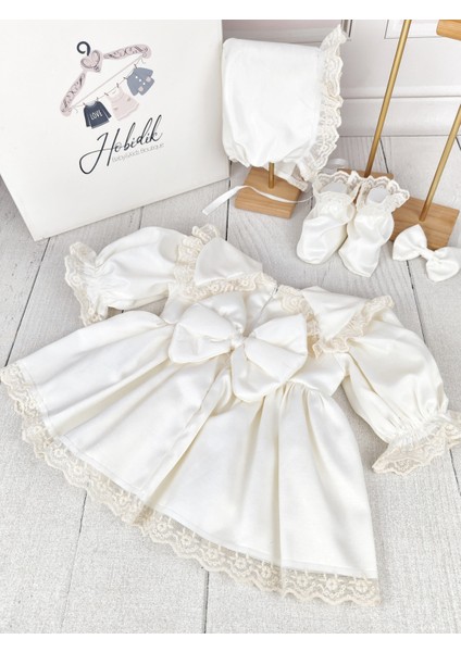 Kız Bebek Mevlüt Doğum Günü Partisi Krem Güpür Dantel Bebe Yaka Saten Elbise Set