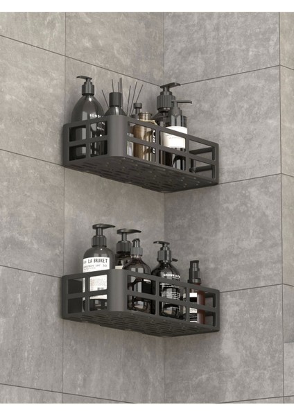 2li Yapışkanlı Banyo Rafı Şampuanlık Sabunluk Set Antrasit modelleri