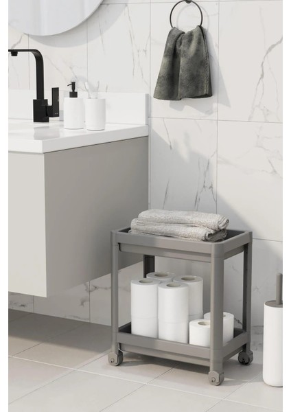 Gri 2 Katlı Tekerlekli Banyo Düzenleyici Raf Sistemi