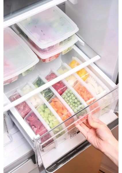 4 Adet Dondurulmuş Maxi 4 Bölmeli Öğünlük Et Sebze Saklama Kabı - Kıyma Tavuk Buzluk Organizeri