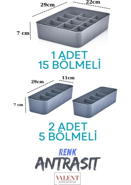 3'lü Set Bölmeli Makyaj Takı Organizer, Banyo Mutfak Düzenleyici 1X15 Gözlü, 2x5 Gözlü Antrasit