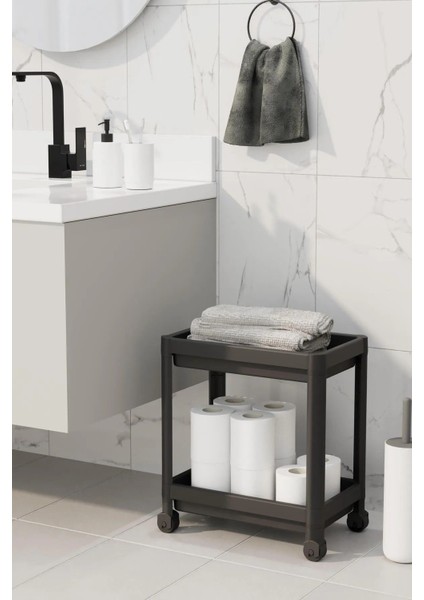 Siyah 2 Katlı Tekerlekli Banyo Düzenleyici Raf Sistemi