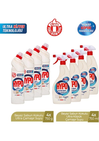 Hyper Hypo Ultra Çamaşır Suyu Beyaz Sabun 750 gr x 4 Adet + Köpük Çamaşır Suyu Beyaz Sabun x 4 Adet