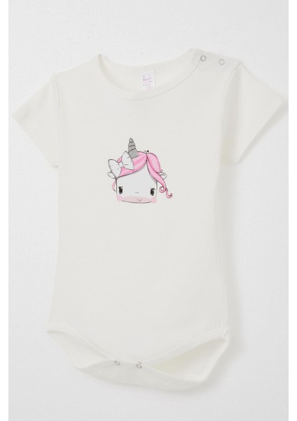 Kız Bebek Çıtçıtlı Zıbın Body Unıcorn Baskılı 9 Ay-3 Yaş, Ekru