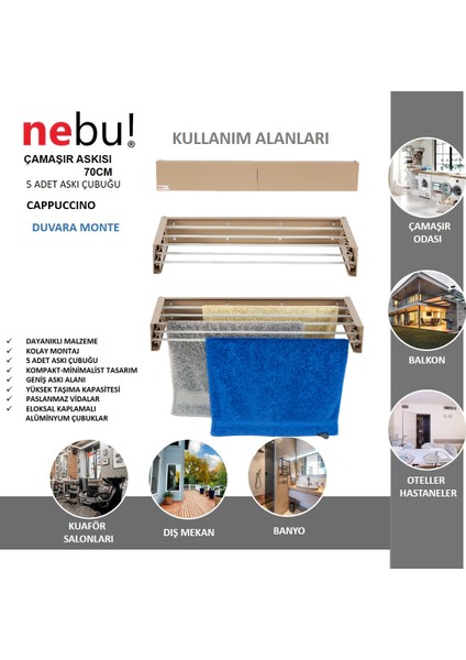 Nebu! Iç ve Dış Mekan Katlanabilir Duvara Monte Çamaşır Kurutma Askısı (70CM)-CAPPUCCINO