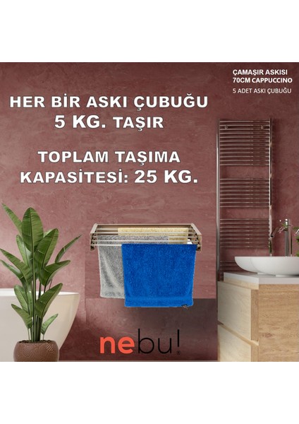Nebu! Iç ve Dış Mekan Katlanabilir Duvara Monte Çamaşır Kurutma Askısı (70CM)-CAPPUCCINO