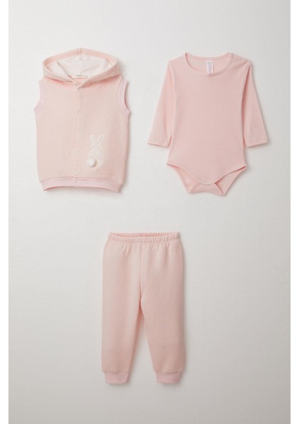 Kız Bebek Zıbınlı 3 Lü Takım Tavşancık Nakışlı Ponponlu Kapüşonlu 4 Ay-1 Yaş, Pudra