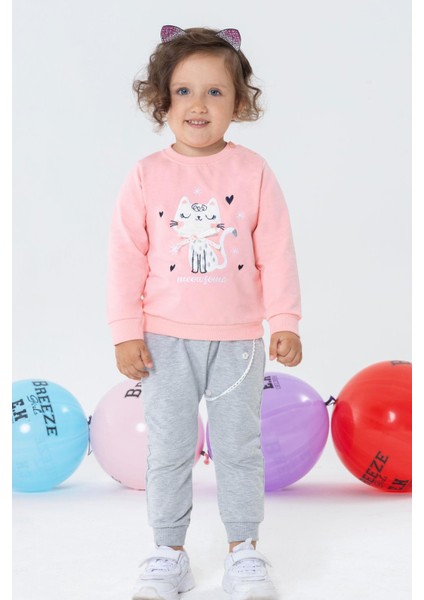 Kız Bebek Şalvar Tipi Eşofman Takım Kedicik Nakışlı 6 Ay-2 Yaş, Pembe