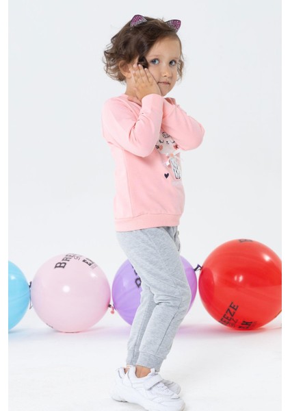 Kız Bebek Şalvar Tipi Eşofman Takım Kedicik Nakışlı 6 Ay-2 Yaş, Pembe