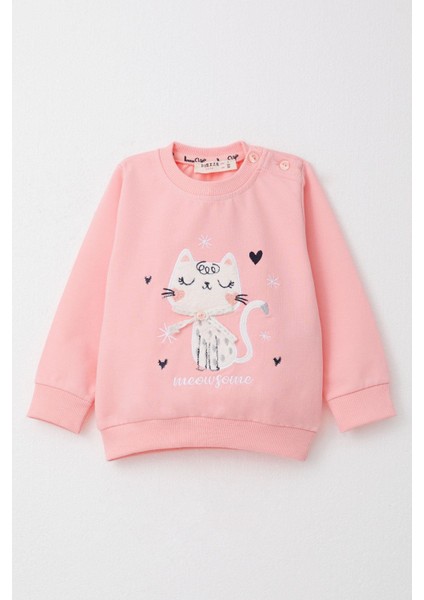 Kız Bebek Şalvar Tipi Eşofman Takım Kedicik Nakışlı 6 Ay-2 Yaş, Pembe