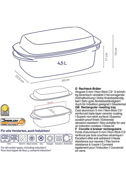 Kerros Cam Kapaklı Rosto Tenceresi Dikdörtgen 40 x 22,5 cm