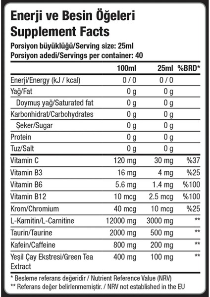 L-carnitine Thermo 3000 - 1000 ml - Yeşil Elma Aromalı - 40 Servis - L-karnitin