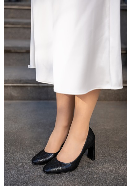 Lissa Siyah Geniş Topuklu Kadın Payet Görünümlü Slip-On Kadın Topuklu Ayakkabı