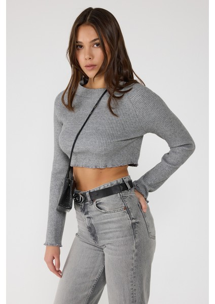 Bisiklet Yaka Fitilli Triko Crop Top