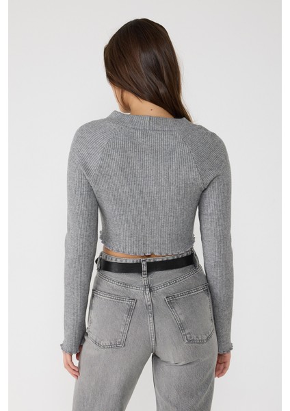 Bisiklet Yaka Fitilli Triko Crop Top