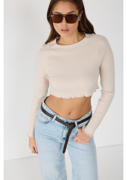Bisiklet Yaka Fitilli Triko Crop Top