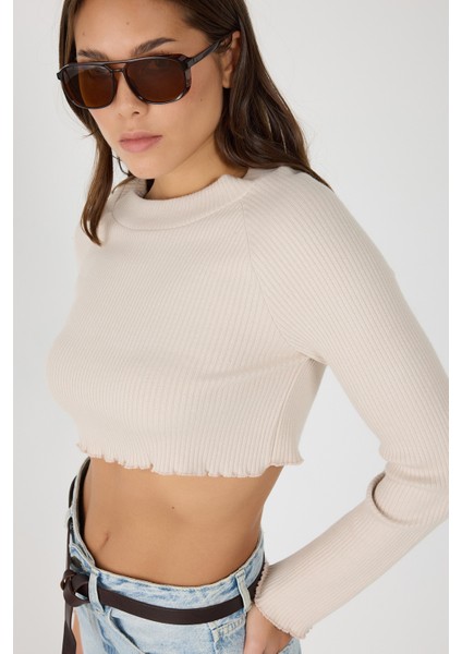 Bisiklet Yaka Fitilli Triko Crop Top