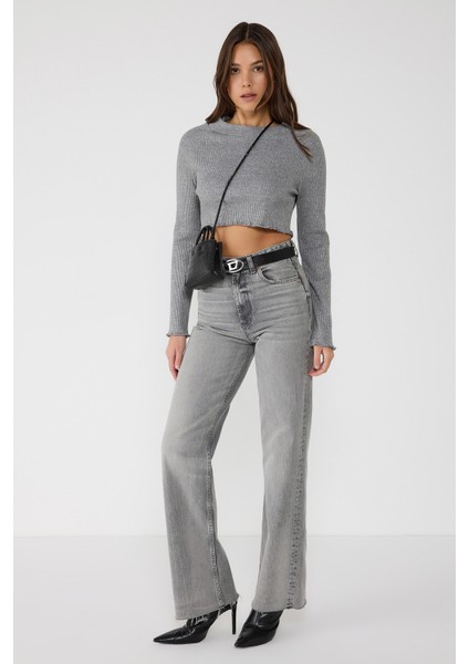 Bisiklet Yaka Fitilli Triko Crop Top