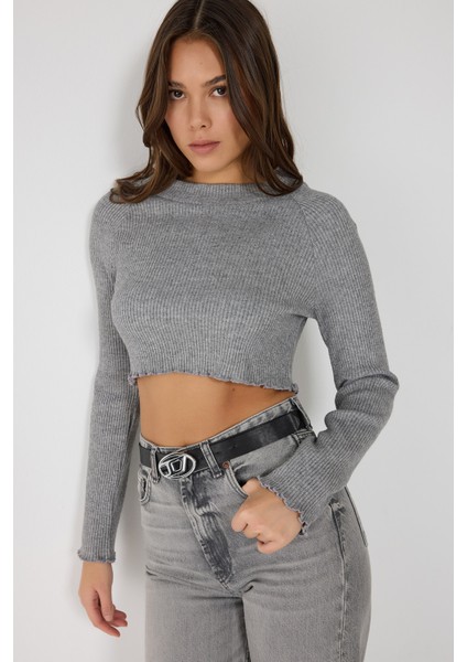 Bisiklet Yaka Fitilli Triko Crop Top