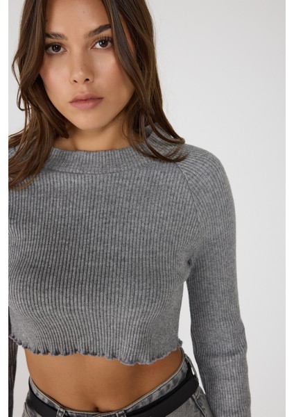 Bisiklet Yaka Fitilli Triko Crop Top
