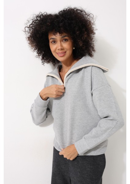 Gri Selanik Kumaş Şal Yaka Oversize Fermuarlı Kadın Sweatshirt - 2441 indirimleri