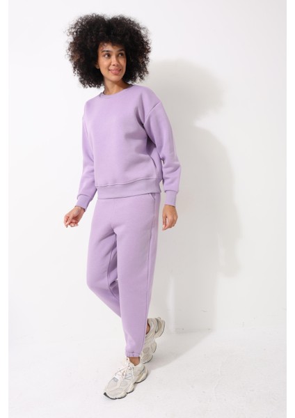 Lila Sırtı Medusa Nakış Işlemeli Bisiklet Yaka Oversize Kadın Sweatshirt - 2446