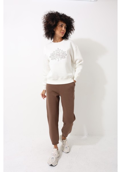 Ekru Önü Lotus Çiçeği Nakış Işlemeli Bisiklet Yaka Oversize Kadın Sweatshirt - 2447