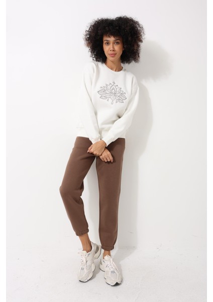 Ekru Önü Lotus Çiçeği Nakış Işlemeli Bisiklet Yaka Oversize Kadın Sweatshirt - 2447