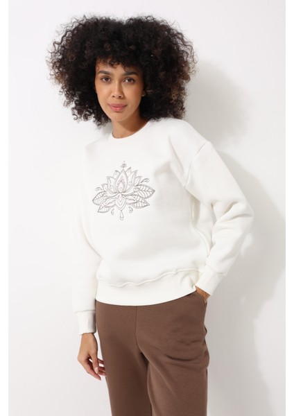 Ekru Önü Lotus Çiçeği Nakış Işlemeli Bisiklet Yaka Oversize Kadın Sweatshirt - 2447