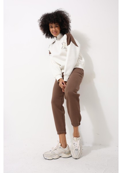 Kahverengi Kadın Yarım Balıkçı Yaka Fermuarlı Blok Parçalı Nakış Detaylı Oversize Sweatshirt - 2451 modelleri