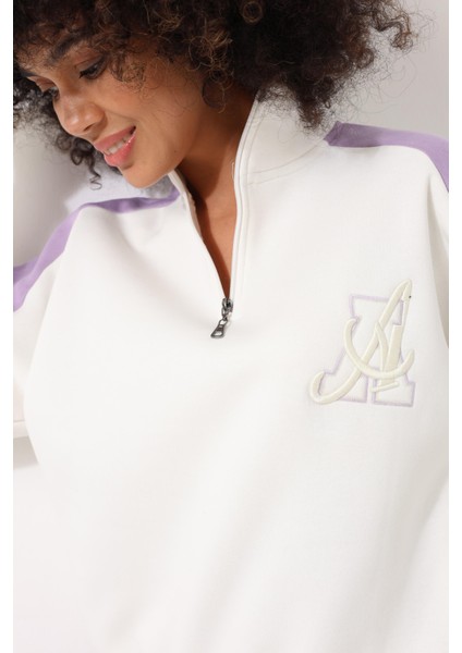 Lila Kadın Yarım Balıkçı Yaka Fermuarlı Blok Parçalı Nakış Detaylı Oversize Sweatshirt - 2451