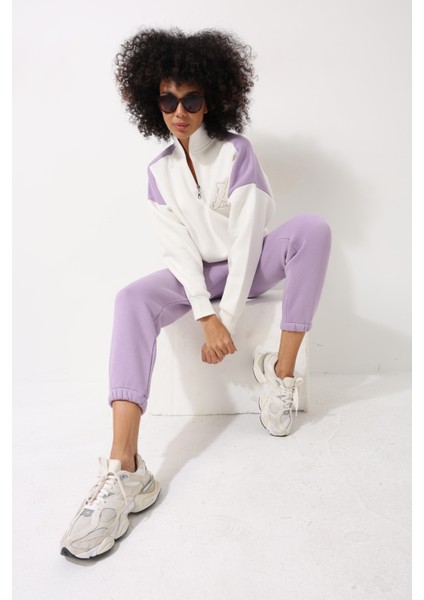 Lila Kadın Yarım Balıkçı Yaka Fermuarlı Blok Parçalı Nakış Detaylı Oversize Sweatshirt - 2451
