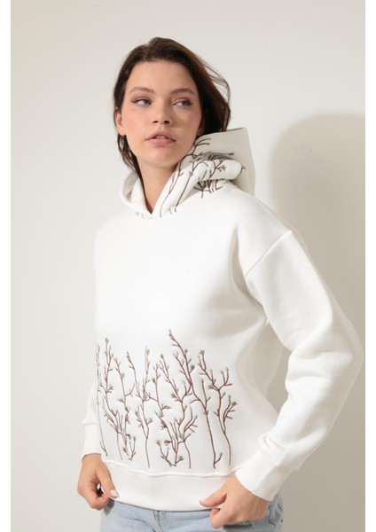 Ekru Önü ve Kapüşonu Dal Nakışlı Kapüşonlu Sweatshirt - 2429