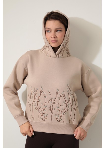 Bej Önü ve Kapüşonu Dal Nakışlı Kapüşonlu Sweatshirt - 2429