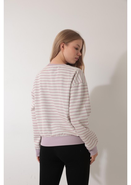 Pembe Çizgili Bisiklet Yaka Selanik Sweatshirt - 2433 modelleri