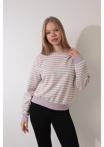 Pembe Çizgili Bisiklet Yaka Selanik Sweatshirt - 2433 indirimleri