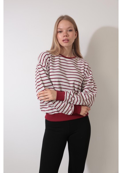 Bordo Çizgili Bisiklet Yaka Selanik Sweatshirt - 2433